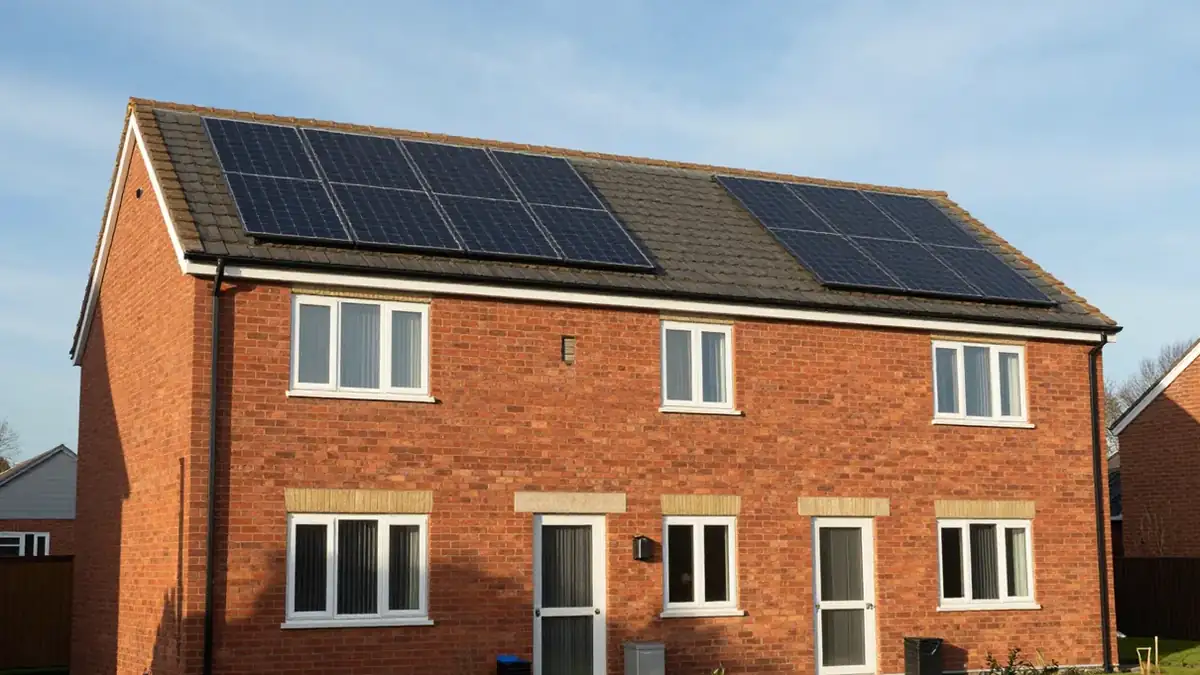 Red-brick UK semi-detached house with two arrays of black solar panels on its tiled roof under a blue sky