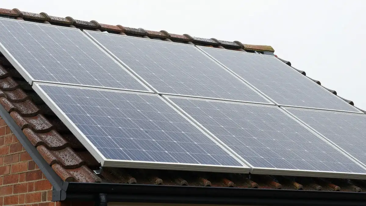 Rain-speckled solar panels on a tiled UK roof under an overcast sky
