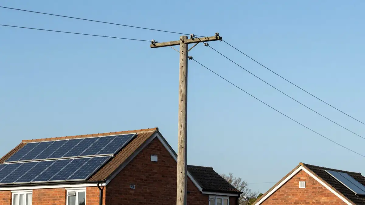 A wooden electricity pole with overhead cables beside brick houses, one with solar panels on its roof
