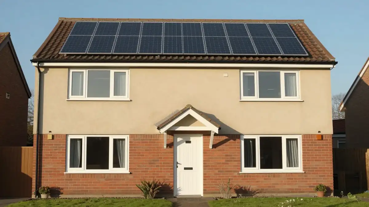 Two-storey rendered and brick house with a row of solar panels on its tiled roof, white front door and a small lawn