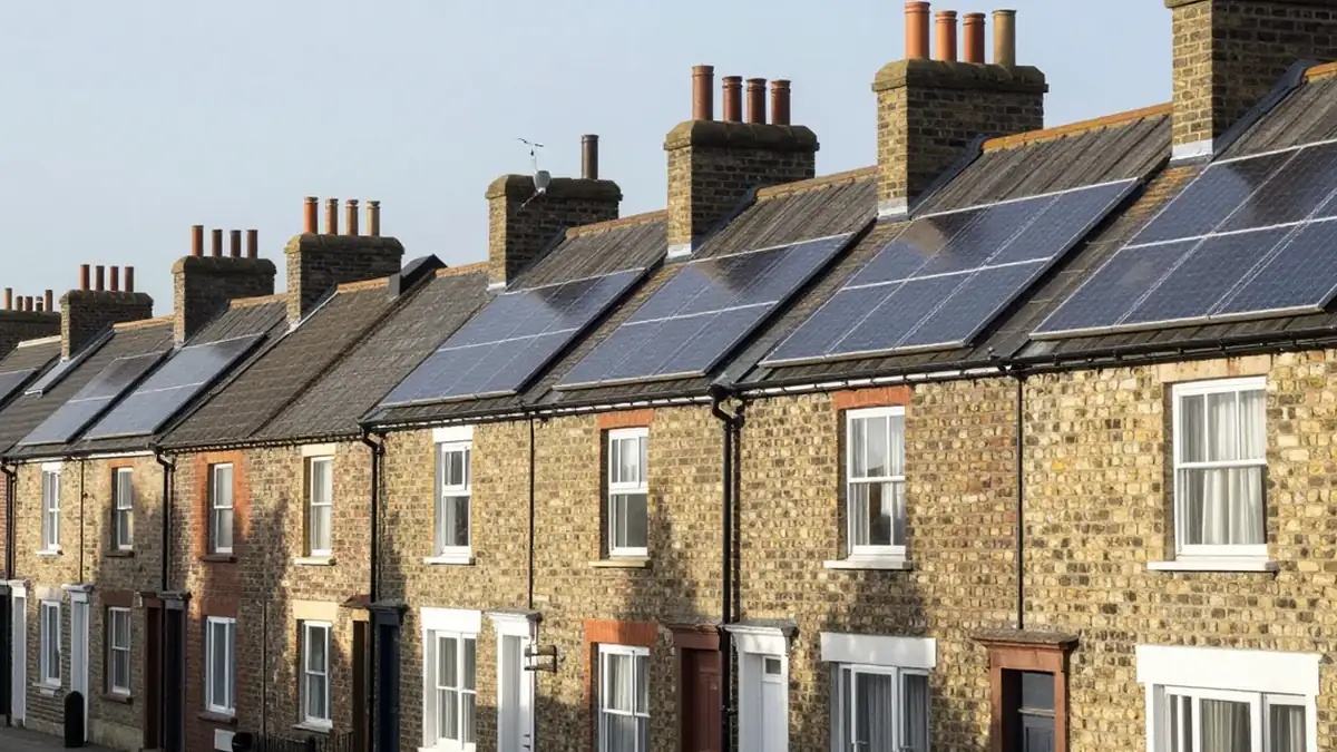 Terraced street of brick houses in low sun, with solar panels on several of the roofs