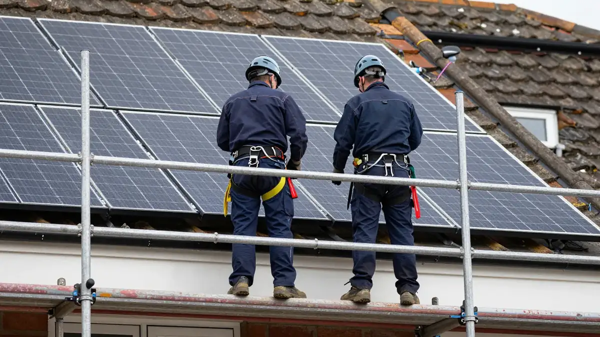 Two installers in navy workwear, helmets and harnesses on a scaffold fitting solar panels to a tiled roof