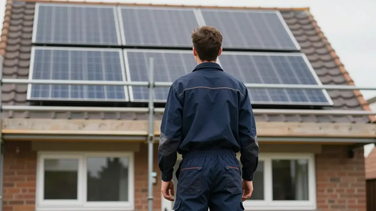 An installer in navy workwear seen from behind, looking up at a house with scaffolding and solar panels on the roof