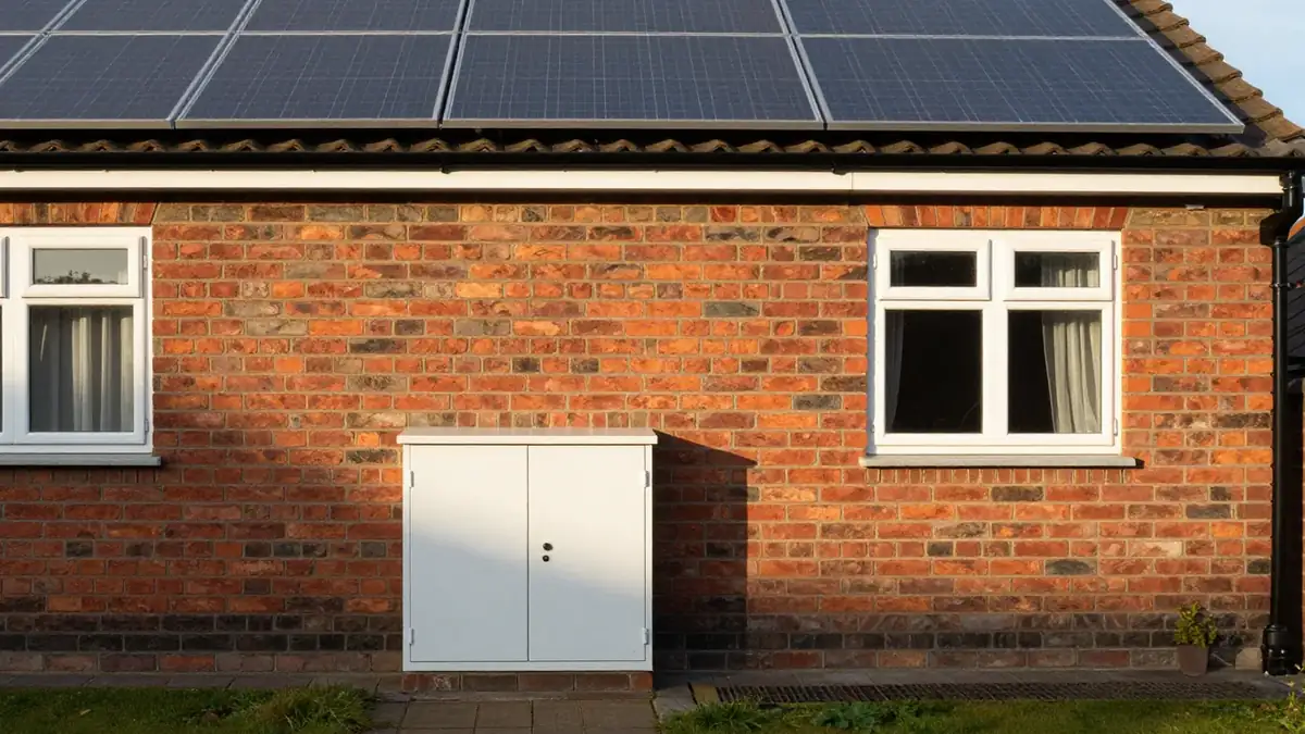 Brick bungalow in golden evening light with solar panels on the roof and a plain white utility cabinet on the wall