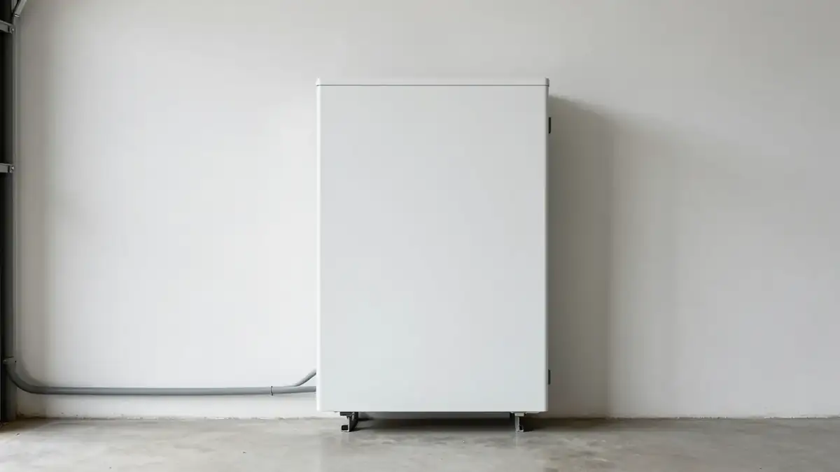 A plain white home battery cabinet against a garage wall with grey conduit running to it