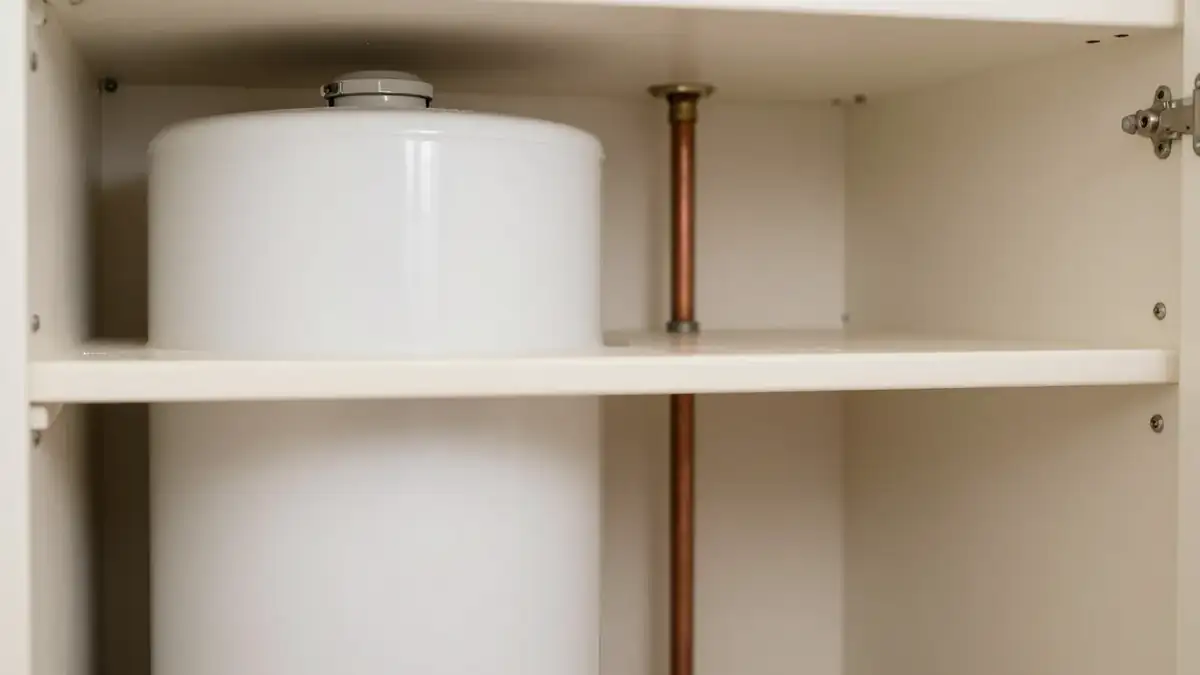 A white insulated hot water cylinder in an airing cupboard with a copper pipe beside it