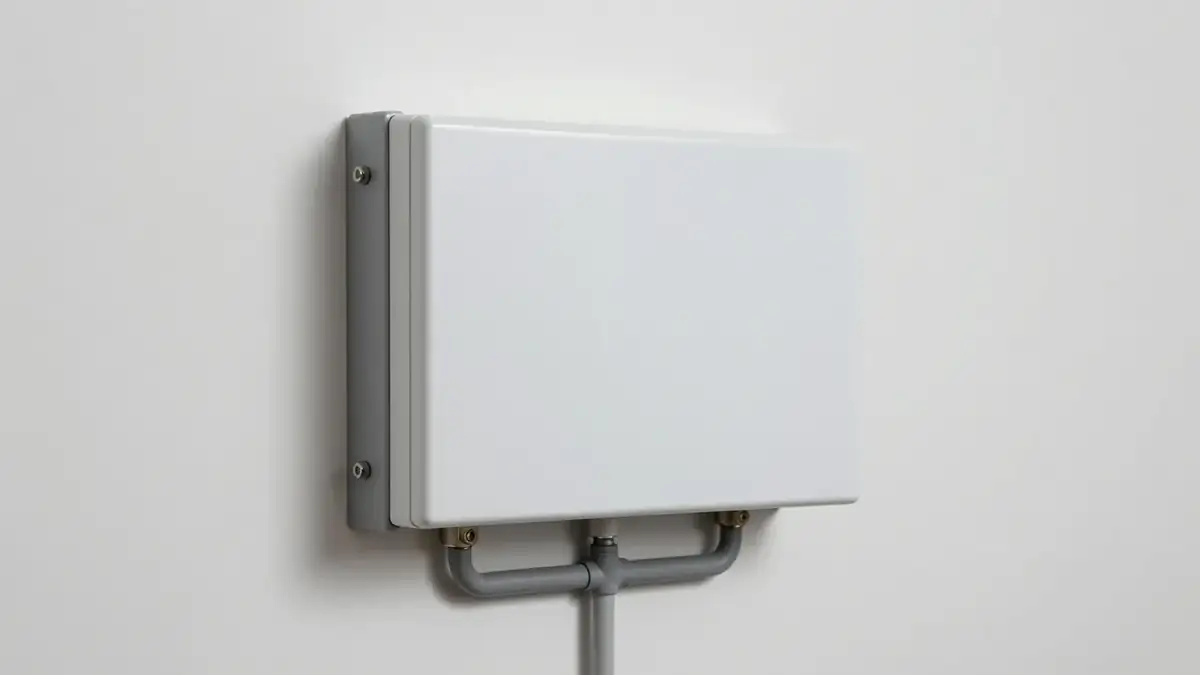 A plain white wall-mounted box with grey pipework beneath it on a white wall