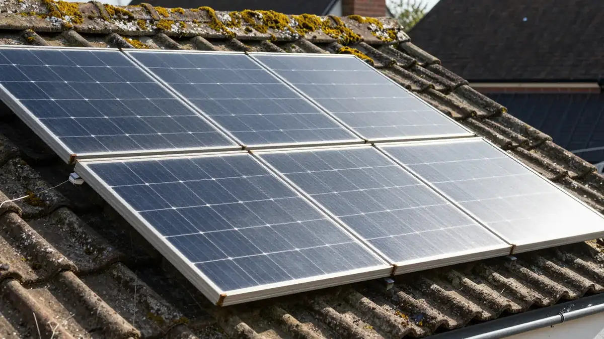 Older solar panels on a mossy tiled roof with sunlight on the glass