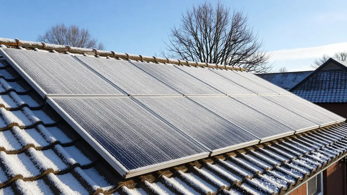 Frost and a light dusting of snow on solar panels and roof tiles under a blue winter sky
