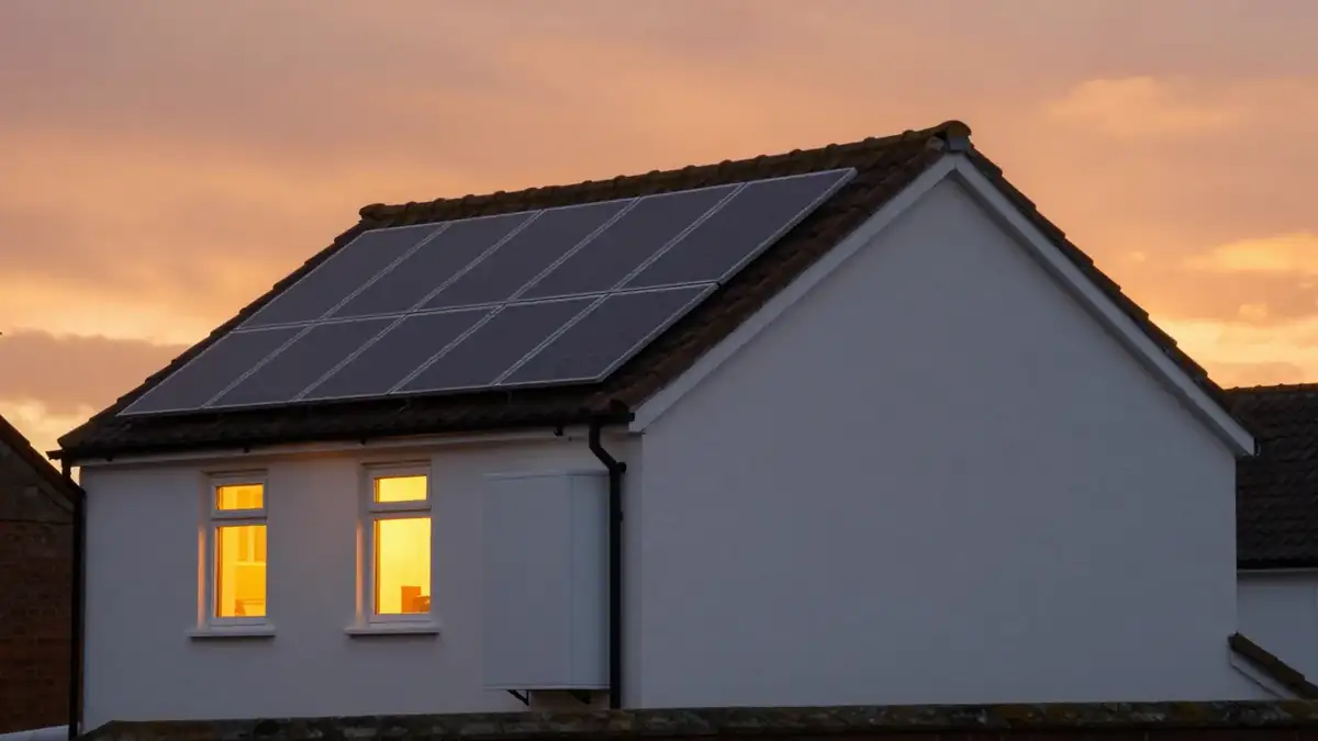 A house at dusk with warm lit windows, solar panels on the roof and a white battery cabinet on the side wall